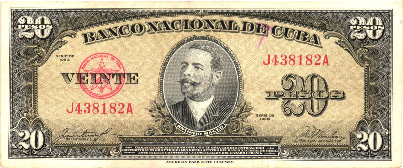 Cuba 20 Pesos 1958

P# 80b, N# 219705; # J438182A; AUNC-