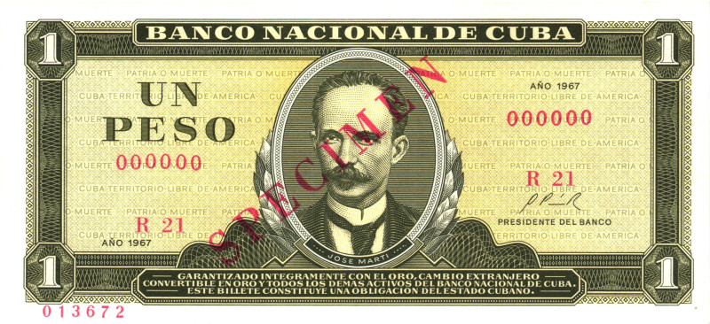 Cuba 1 Peso 1967 Specimen

P# 102s, N# 205099; UNC