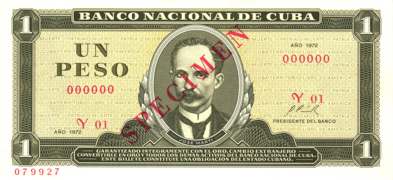 Cuba 1 Peso 1972 Specimen

P# 102s, N# 205099; UNC