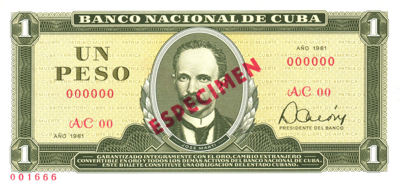 Cuba 1 Peso 1981 Especimen

P# 102s, N# 205099; UNC