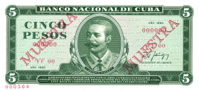 Cuba 5 Pesos 1990 Double Muestra