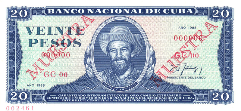 Cuba 20 Pesos 1988 Double Muestra

P# 105s, N# 205127; UNC