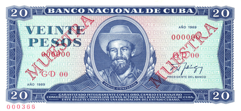 Cuba 20 Pesos 1989 Double Muestra

P# 105s, N# 205127; UNC