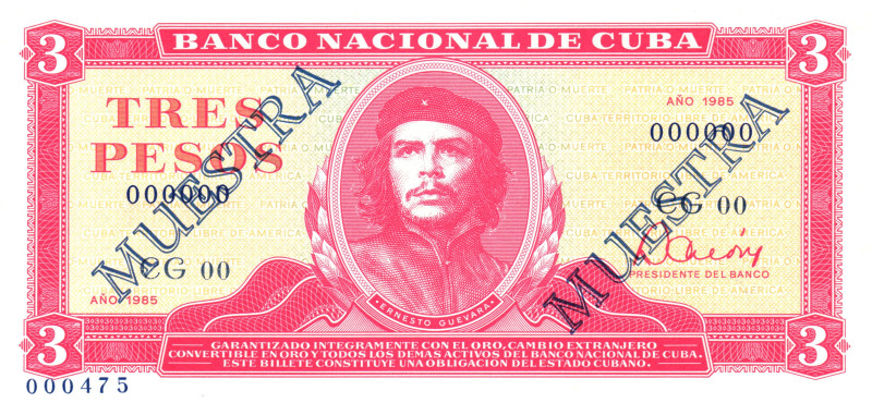 Cuba 3 Pesos 1985 Double Muestra

P# 107s, N# 205116; UNC