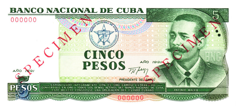 Cuba 5 Pesos 1991 Specimen

P# 108s, N# 205102; UNC