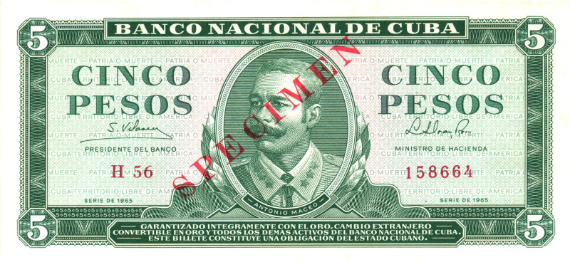 Cuba 5 Pesos 1965 Specimen

P# 118s, N# 205122; UNC