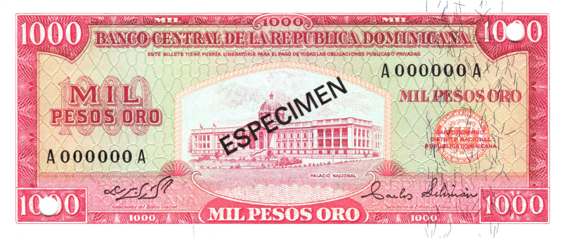 Dominican Republic 1000 Pesos 1964 Specimen

P# 106s, # A000000A; UNC