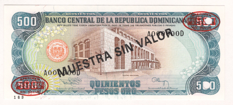 Dominican Republic 500 Pesos 1994 Specimen

P# 137bs, # A000000D; UNC