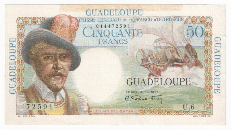 Guadeloupe 50 Francs 1947 -1949 (ND)

P# 34, N#233697; # U.6 72591; XF