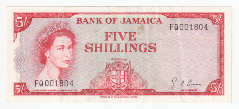 Jamaica 5 Shillings 1960 -1964

P# 51Ad, N#210304; # FQ001804; VF