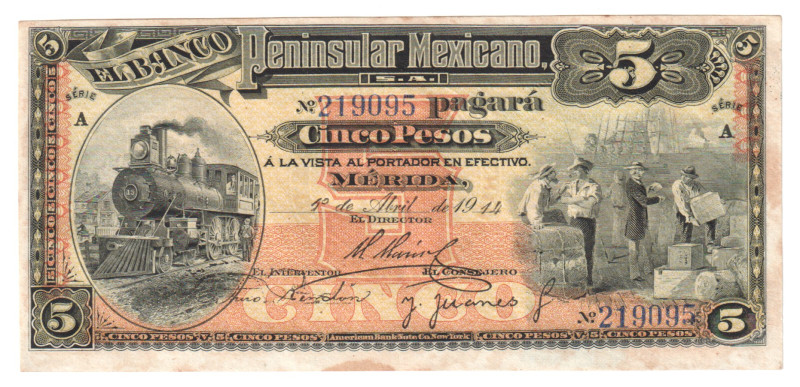 Mexico Peninsular 5 Pesos 1914

P# S465a, N#226078; # 219095; UNC