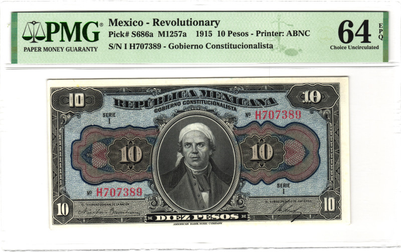 Mexico 10 Pesos 1915 PMG 64 EPQ Choice Uncirculated

P# S686a, N# 234613; # I ...