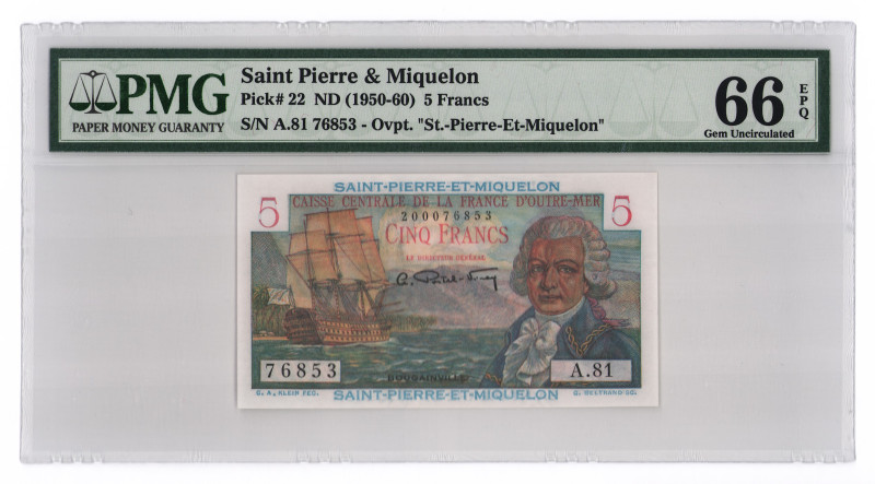 Saint Pierre & Miquelon 5 Francs 1950 -1960 (ND) PMG 66 EPQ Gem Uncirculated

...