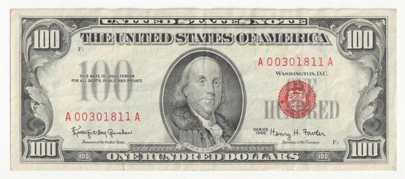 United States Legal Tender 100 Dollars 1966

P# 384, N# 239160; # A00301811A; ...