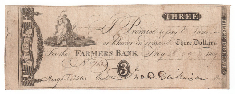 United States Mechigan Troy Farmers Bank 3 Dollars 1804

# 7634; Obsolete note...