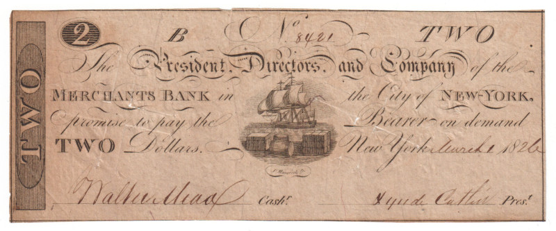 United States New York Merchants Bank 2 Dollars 1826

# 8421; Obsolete note; F...