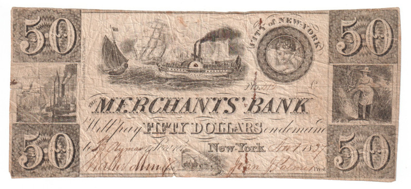 United States New York Merchants Bank 50 Dollars 1837

Obsolete note; VG