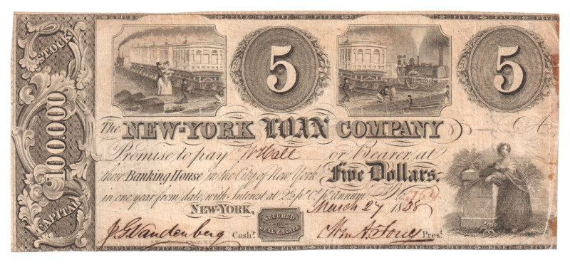 United States New York Loan Company 5 Dollars 1838

Obsolete note; VF