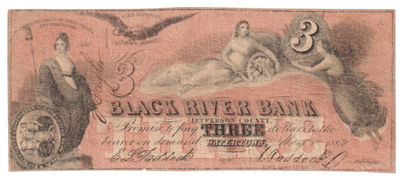 United States New York Watertown Black River Bank 3 Dollars 1862

#5124; Red u...