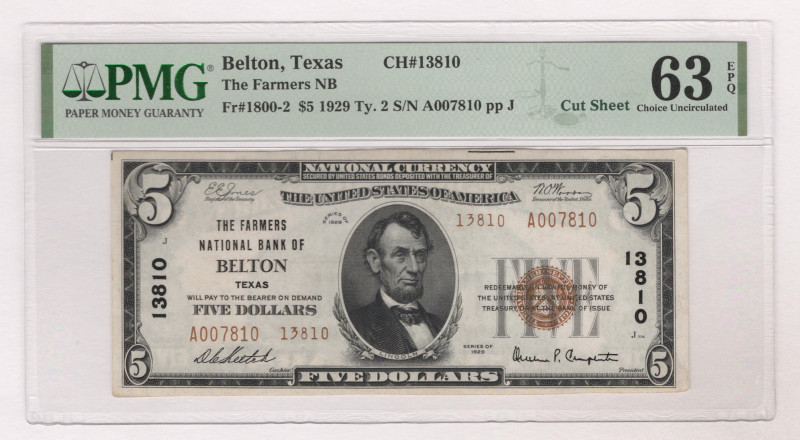 United States Texas Belton 5 Dollars 1929 PMG 63 EPQ Choice Uncirculated

Fr# ...