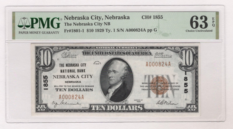 United States Nebraska 10 Dollars 1929 PMG 63 EPQ Choice Uncirculated

Fr# 180...