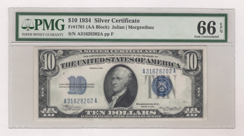 United States Silver Certificate 10 Dollars 1934 PMG 66 EPQ Gem Uncirculated

...