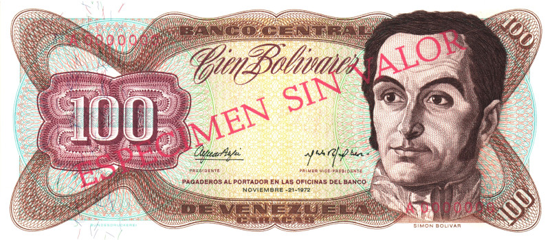 Venezuela 100 Bolivares 1972 Especimen Sin Valor

P# 55s, N# 209868; # A000000...