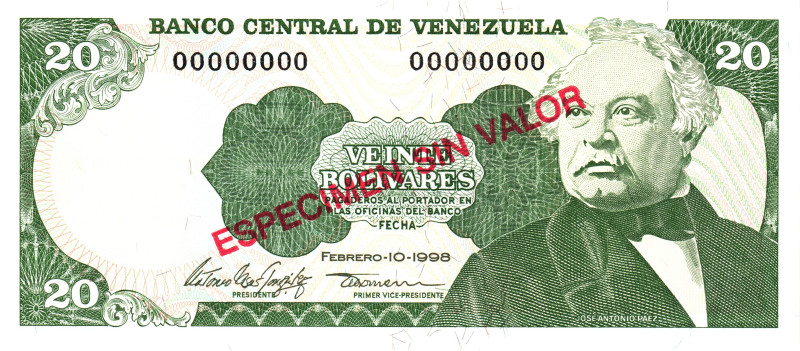 Venezuela 20 Bolivares 1998 Especimen Sin Valor

P# 63s, N# 205313; # 00000000...