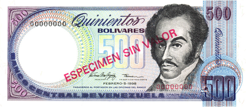 Venezuela 500 Bolivares 1998 Especimen Sin Valor

P# 67s, N# 205325; # 0000000...