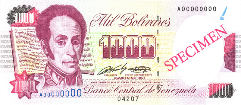 Venezuela 1000 Bolivares 1991 Specimen

P# 73s, N# 209890; # A00000000 04207; ...