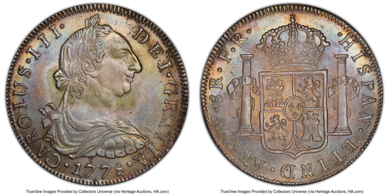 Charles III 8 Reales 1778 PTS-PR MS62 PCGS, Potosi mint, KM55. A minimally avail...