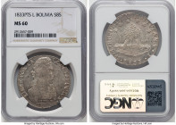 Republic 8 Soles 1833 PTS-LM MS60 NGC, Potosi mint, KM97. Confidently Mint State and displaying characteristic striking weakness to Bolivar's portrait...