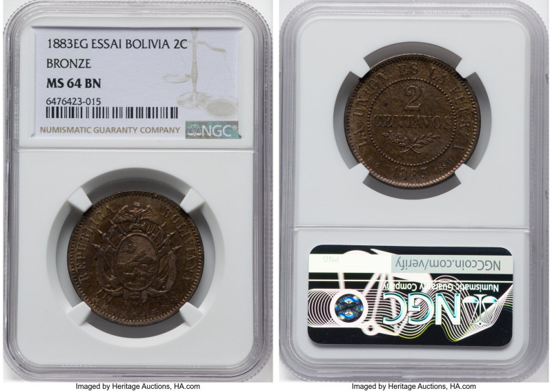 Republic Essai 2 Centavos 1883-EG PR64 Brown NGC, KM-E4. Mottled toning adds a u...