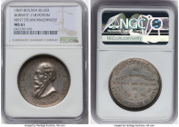 Republic silver "Mint Steam Machinery" Medal 1869 MS61 NGC, Potosi mint, Burnett-118. 37mm. By M. Gordillo. MELGAREJO I SUS MINISTROS above MUÑOZ LAST...