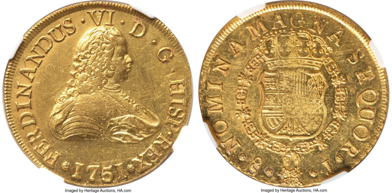 Ferdinand VI gold 8 Escudos 1751 So-J AU55 NGC, Santiago mint, KM3, Cal-824. An ...