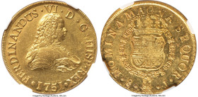 Ferdinand VI gold 8 Escudos 1751 So-J AU55 NGC, Santiago mint, KM3, Cal-824. An attractive representative of the date, showing near Mint State periphe...