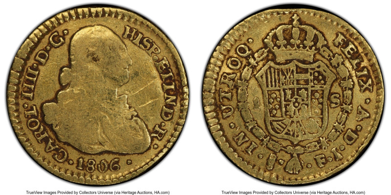 Charles IV gold Escudo 1806 So-FJ Fine Details (Damage) PCGS, Santiago mint, KM6...