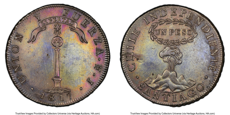 Republic "Volcano" Peso 1817 SANTIAGO-FJ AU Details (Cleaned) PCGS, Santiago min...