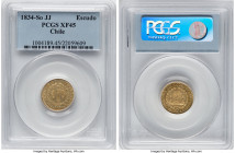 Republic gold Escudo 1834 So-IJ XF45 PCGS, Santiago mint, KM85, Fr-36. Bearing a plainly visible sunface despite some evidence of wear, this is a more...