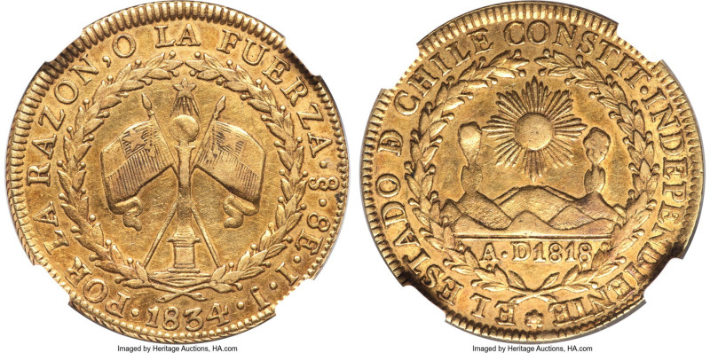 Republic gold 8 Escudos 1834 So-IJ XF40 NGC, Santiago mint, KM84, Fr-33. A highl...