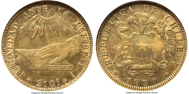 Republic gold 8 Escudos 1837 So-IJ AU53 NGC, Santiago mint, KM93, Fr-37. A hands...