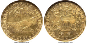 Republic gold 8 Escudos 1837 So-IJ AU53 NGC, Santiago mint, KM93, Fr-37. A handsome example of the desirable "equality before the law" type with just ...