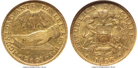 Republic gold 8 Escudos 1838 So-IJ XF45 NGC, Santiago mint, KM93, Fr-37. Final year of issue for this beloved type that we don’t have the privilege of...