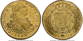 Charles IIII gold 8 Escudos 1802 P-JF AU Details (Bent) NGC, Popayan mint, KM62.2, Cal-1676, Fr-52. Struck slightly off center on an imperfect planche...