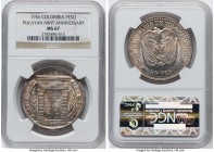 Republic "Popayan Mint 200th Anniversary" Peso 1956-(Mo) MS67 NGC, Mexico City mint, KM216. Struck in commemoration of the 200th anniversary of the Po...