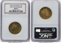 Grenadine Confederation gold 10 Pesos 1859-POPAYAN AU55 NGC, Popayan mint, KM129.2, Fr-89. Lustrous with a rich cabinet patina, some noticeable scuffs...