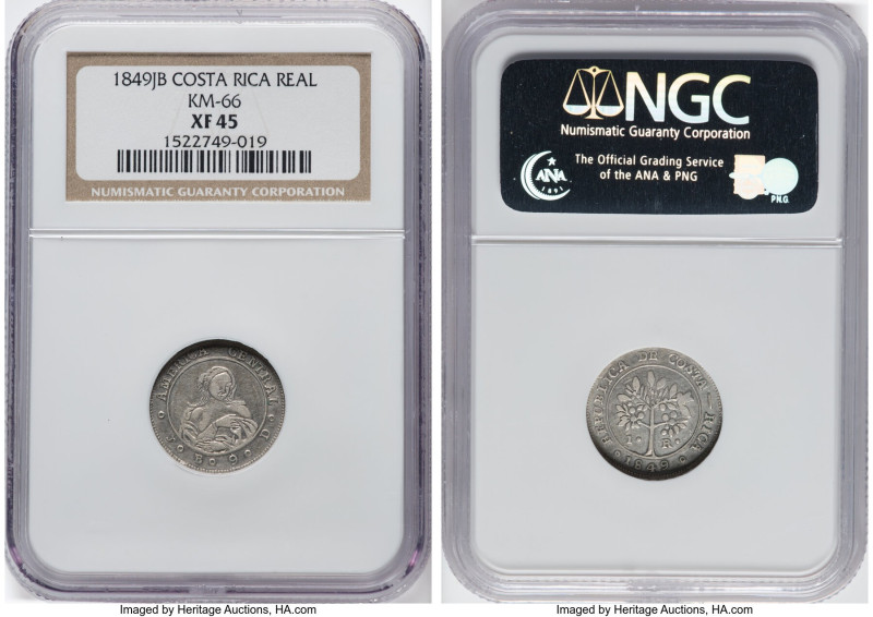 Republic Real 1849-JB XF45 NGC, San Jose mint, KM66. Exhibiting some characteris...