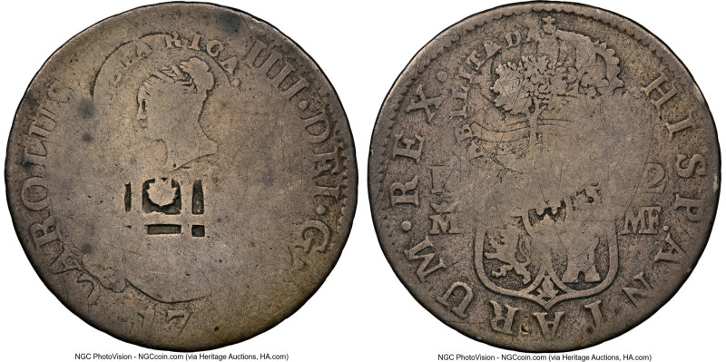 Republic Counterstamped 2 Reales ND (1845) F2 NGC, San Jose mint, KM37. Type III...