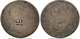 Republic Counterstamped 2 Reales ND (1845) F2 NGC, San Jose mint, KM37. Type III double countermark (VG Standard) with Queen Victoria bust (1841) over...