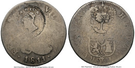 Republic Counterstamped 2 Reales ND (1845) Poor 1 NGC, San Jose mint, KM39. Type III double countermark (F Standard) with Queen Victoria bust (1841) o...